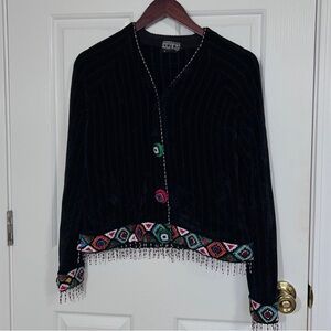 Vintage Rare Berek Beaded Fringe Cardigan Large Black Chenille Art Wear